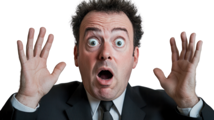 A surprised businessman raises his hands with a shocked expression, conveying emotions of disbelief and astonishment in a corporate environment.