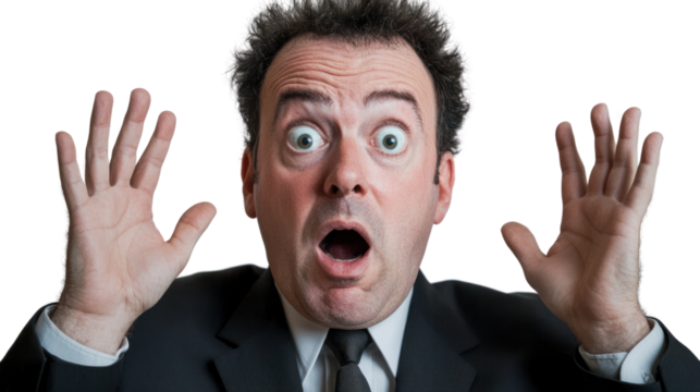A surprised businessman raises his hands with a shocked expression, conveying emotions of disbelief and astonishment in a corporate environment.