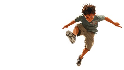 Young boy energetically kicks a soccer ball in the air