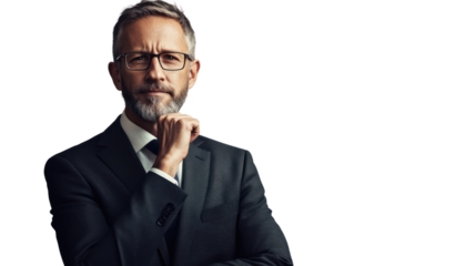 A thoughtful businessman in a suit, contemplating important decisions. His confident posture and serious expression convey professionalism and leadership.