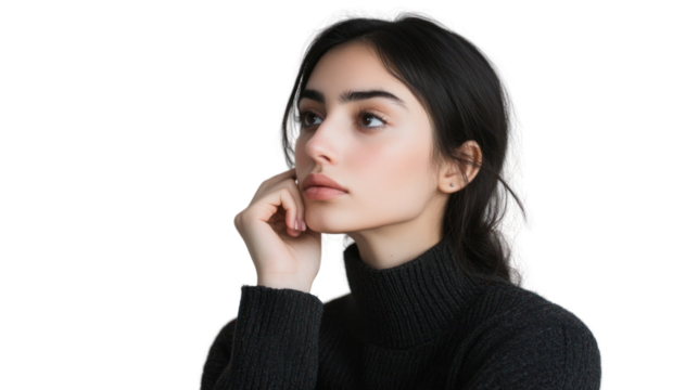 A thoughtful woman in a cozy sweater reflects on life, conveying a sense of introspection and calm amidst a vibrant background.