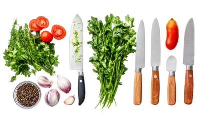 A vibrant assortment of fresh herbs and ripe tomatoes accompanied by a selection of chef's knives, ideal for culinary creations.