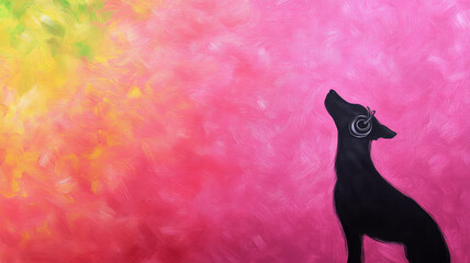bright and cheerful abstract painting of dog against colorful background, showcasing vibrant hues of pink, yellow, and green, evoking sense of joy and wonder