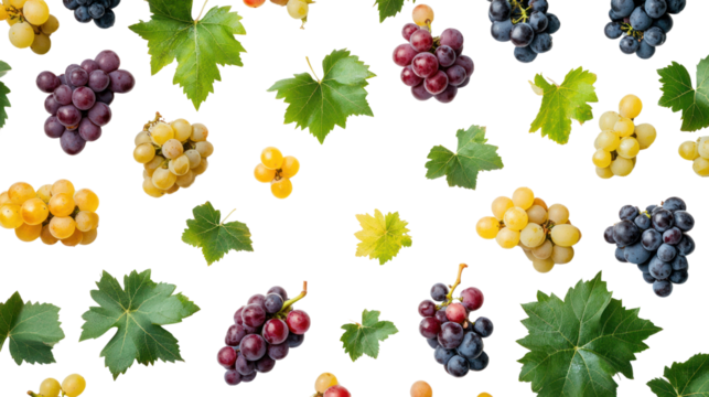 A vibrant assortment of grapes in various colors and sizes, surrounded by green leaves, creating a fresh and appetizing visual appeal.
