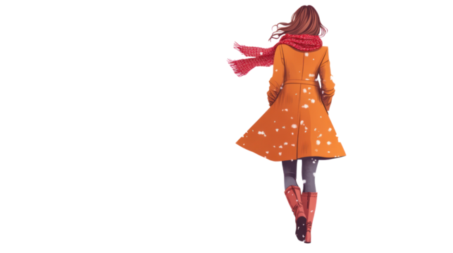 A woman in an orange coat walks through the snow, her scarf blowing in the wind, embodying the beauty of winter and personal style. - Powered by Adobe