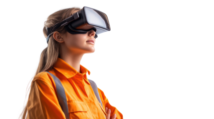 A woman wearing virtual reality goggles stands confidently, showcasing the fusion of technology and innovation in today's digital world.