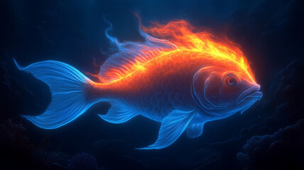large majestic blue fish with ethereal fiery mane swims gracefully through deep ocean, creating stunning visual contrast against dark waters