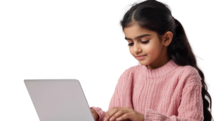 A young girl focused on her laptop, immersed in learning or playing. Her pink sweater adds warmth to the scene, reflecting a cozy atmosphere.