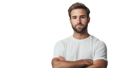 A young man with a beard and confident expression stands with arms crossed. He appears ready to take on challenges in a modern lifestyle.