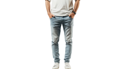 A young man stands confidently in casual attire, wearing a white t-shirt and light blue jeans, showcasing a relaxed yet stylish look for everyday fashion.