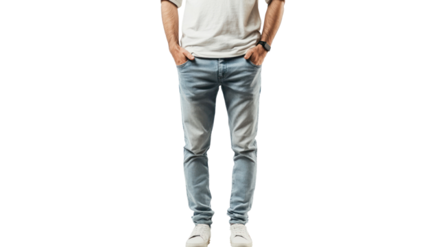 A young man stands confidently in casual attire, wearing a white t-shirt and light blue jeans, showcasing a relaxed yet stylish look for everyday fashion.