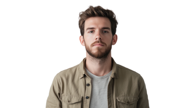 A young man with a serious expression, wearing a casual outfit. He stands confidently, conveying a mix of strength and vulnerability in his demeanor. - Powered by Adobe