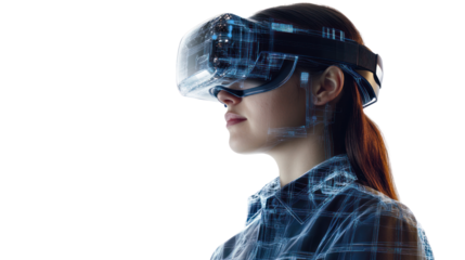 A young woman engages with virtual reality using a sleek headset, surrounded by a digital interface that enhances her immersive experience.