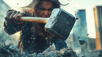 A determined woman smashing concrete with a heavy hammer, showcasing strength and resilience.