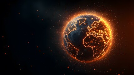 A fiery, glowing digital rendering of planet Earth, its continents outlined in bright orange lines connected by a network of points, is set against a dark space background speckled with orange embers