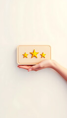 Simple 2D illustration of a hand holding a five-star rating card, symbolizing excellent customer service, on a plain white background.