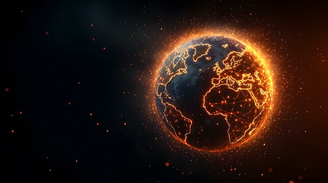 A fiery, glowing digital rendering of planet Earth, its continents outlined in bright orange lines connected by a network of points, is set against a dark space background speckled with orange embers