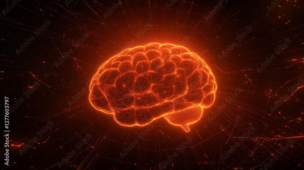 Poster artistic representation of brain glowing in orange light, surrounded by dynamic lines and patterns, 