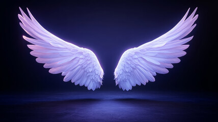 Glowing angel wings made of stardust, radiating ethereal light in dark space, creating mystical and enchanting atmosphere