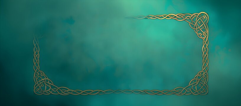 Celtic knot border frame on turquoise mystical background with copy space. Ancient traditional Irish decorative rectangular ornament design for St Patrick Day cards