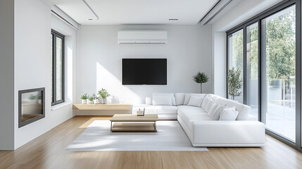 Bright living room with TV and large windows mockup