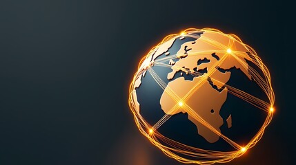 The image contains a dark-colored globe with a gold outline of the continents, encircled by glowing orange lines representing a network of global connections.