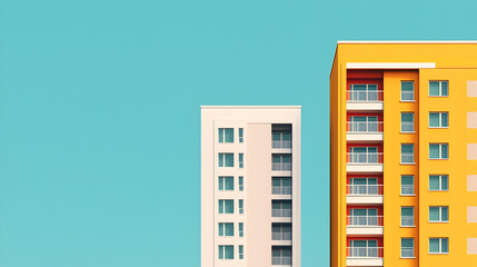 Vibrant architectural photography of modern urban apartment buildings against clear skies
