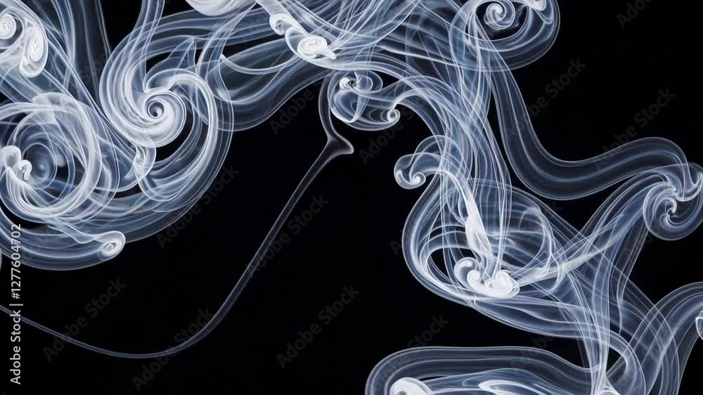 Poster intricate white smoke swirls against a black background, ethereal patterns in motion. abstract fluid