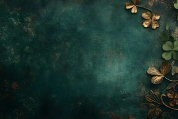 Saint patrick day green grunge background with golden shamrock pattern. Traditional irish holiday luck symbol frame. Dark emerald backdrop with decorative clover design