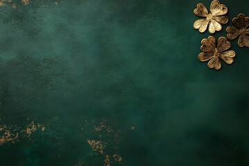Golden clover leaves on dark emerald green textured background with copy space. St Patrick's Day decorative composition. Irish lucky charm abstract festive design