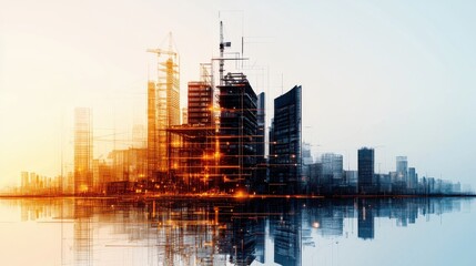 Fototapeta premium Futuristic City Skyline with High-Rise Buildings at Sunset