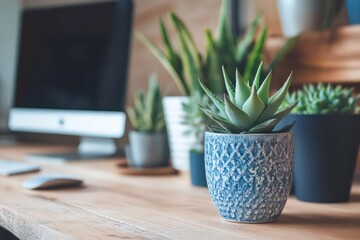 A creative workspace featuring tiny potted succulents on a wooden desk, adding a fresh touch of greenery.