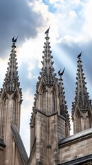 Fototapeta premium Gothic church spires, cloudy sky, sunlight. Architectural detail