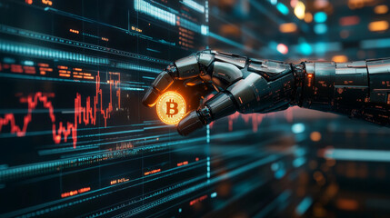 Futuristic robot hand holding a Bitcoin amidst fluctuating digital graphs.