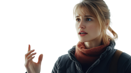 A young woman expresses surprise and concern with an animated gesture while dressed warmly for cold weather, showcasing a moment of emotion.