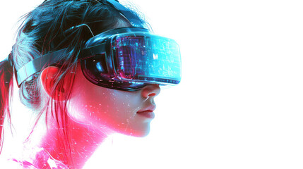 A young woman wearing a VR headset immersed in a digital world, showcasing the future of virtual reality technology and its immersive experiences.