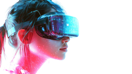 A young woman wearing a VR headset immersed in a digital world, showcasing the future of virtual reality technology and its immersive experiences.