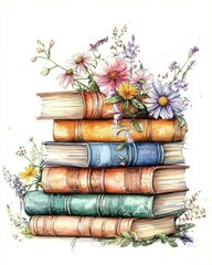 Vibrant flowers complementing a neat stack of books on a clean white backdrop.