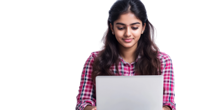 A young woman is focused on her laptop, showcasing concentration and engagement. Perfect for themes of work, study, technology, and modern living.