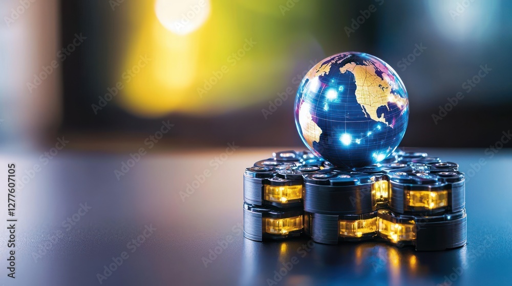 Poster Global Connection Concept with Illuminated Globe on Tech Platform Represents Worldwide Communication and Technology Innovation
