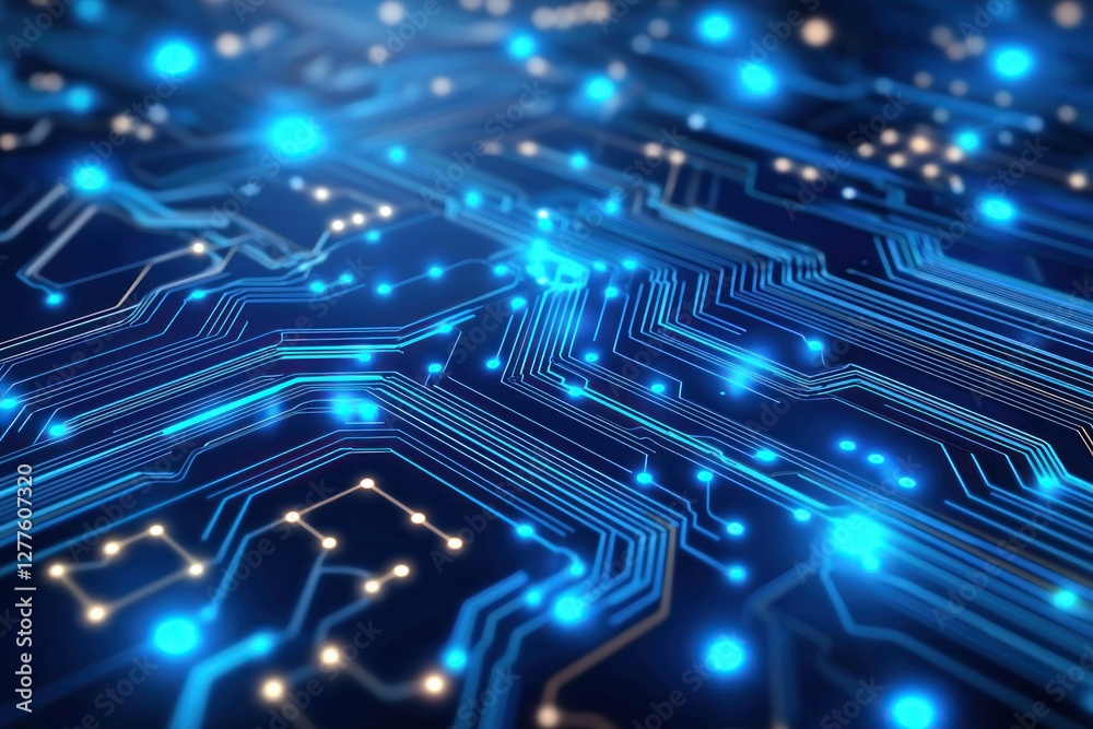 Poster futuristic blue circuit board design with glowing nodes and intricate pathways for technological inn