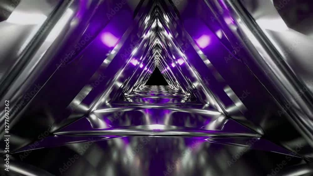 Poster futuristic tunnel with purple and silver metallic reflections, triangular symmetry and glowing light