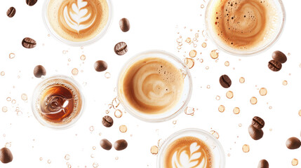 An artistic arrangement of coffee cups with latte art and scattered coffee beans on a black background, perfect for a cozy cafe atmosphere.