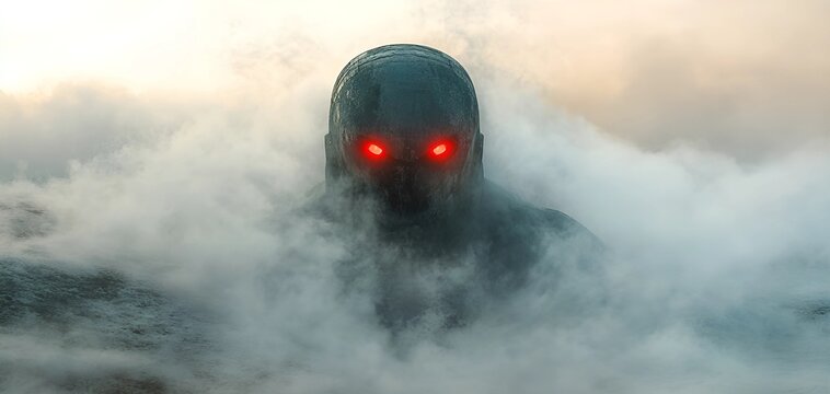 A mysterious robot emerges from dense fog on an alien planet with glowing red eyes and metallic armor.