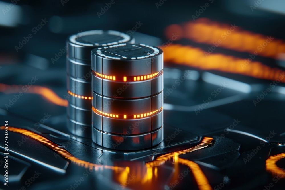 Poster Futuristic Data Storage Concept with Glowing Orange Lights on a Dark Metallic Surface in a High Tech Environment
