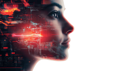 An artistic depiction of a woman's profile with digital elements, symbolizing the fusion of technology and human emotion in modern society.