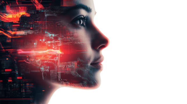 An artistic depiction of a woman's profile with digital elements, symbolizing the fusion of technology and human emotion in modern society.