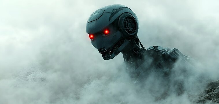 A mysterious robot emerges from dense fog on an alien planet with glowing red eyes and metallic armor.