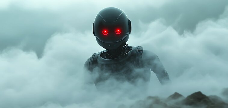 A mysterious robot emerges from dense fog on an alien planet with glowing red eyes and metallic armor.