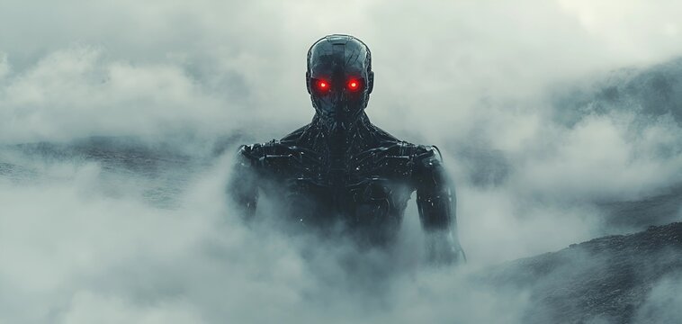 A mysterious robot emerges from dense fog on an alien planet with glowing red eyes and metallic armor.